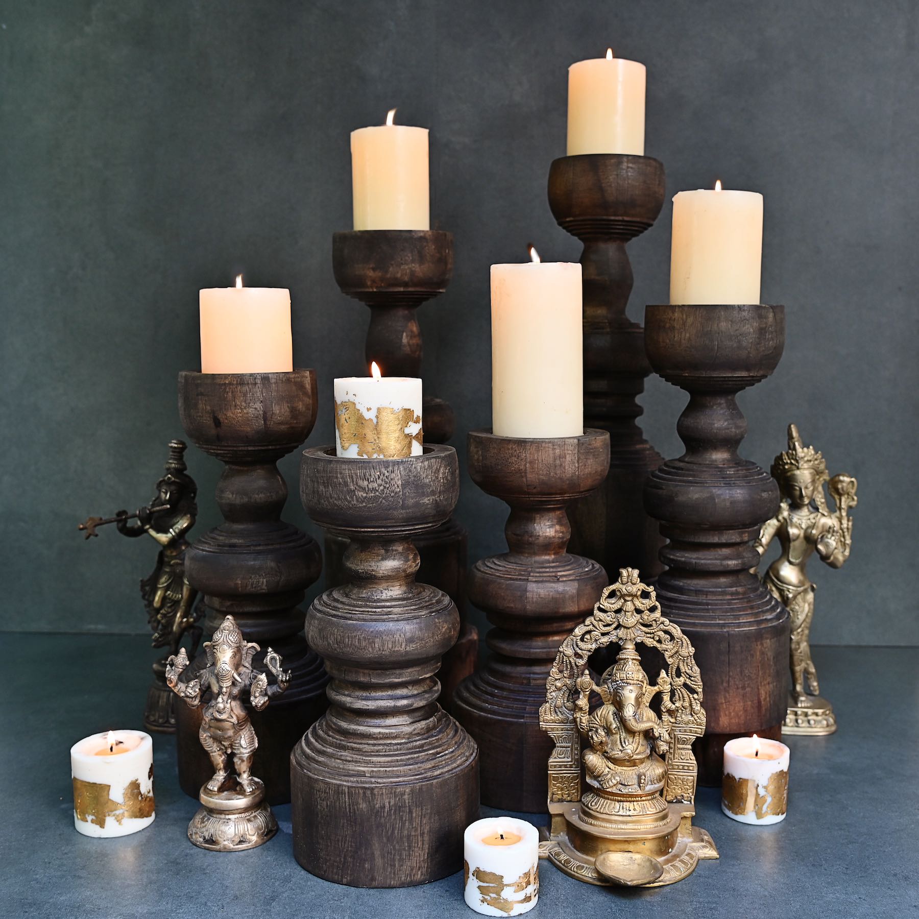 Antique Wood Pillar Candlestand Set of 3