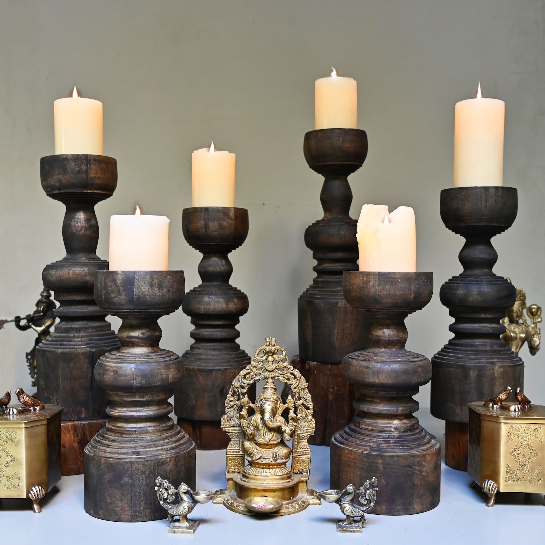 Antique Wood Pillar Candlestand Set of 3