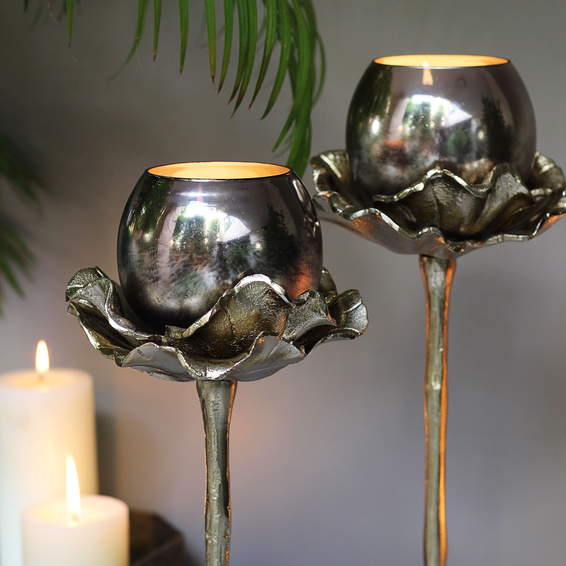 Floral Glass Votive on Stand Pair