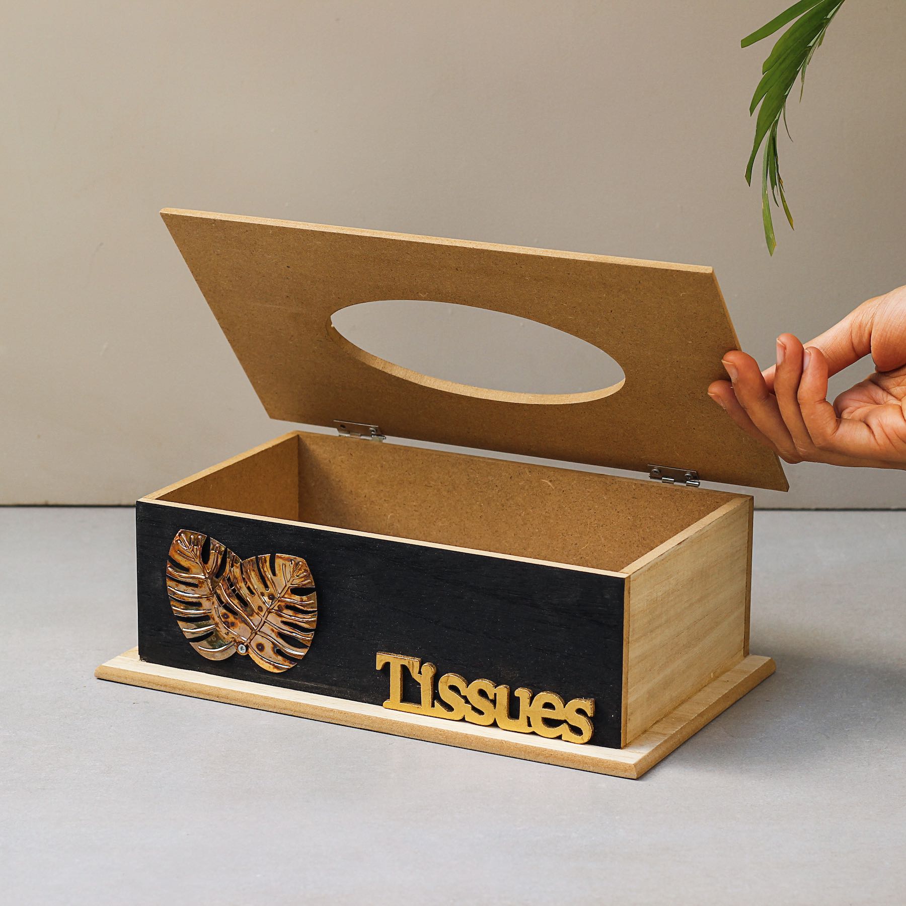 Metal Leaf Wooden Tissue Box