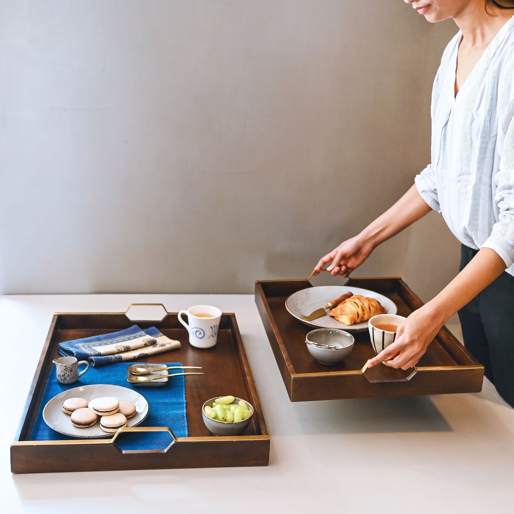 Large Rectangular Wood Tray with Handles