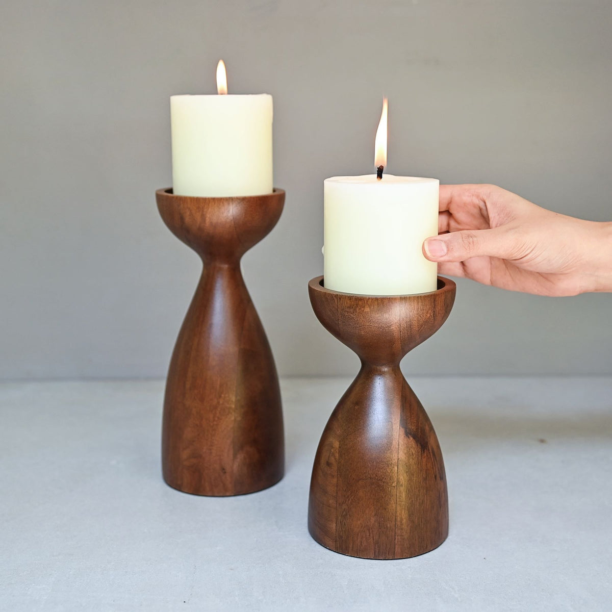 Wooden Pillar Candle Stand Pair