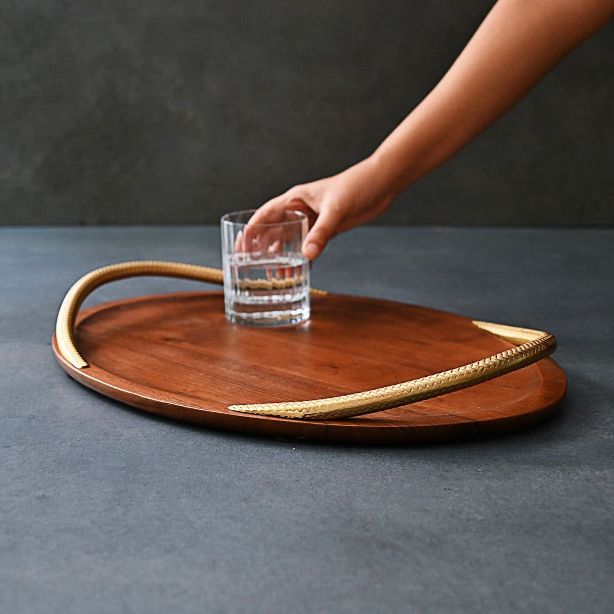 Large Wooden Tray with Golden Handles